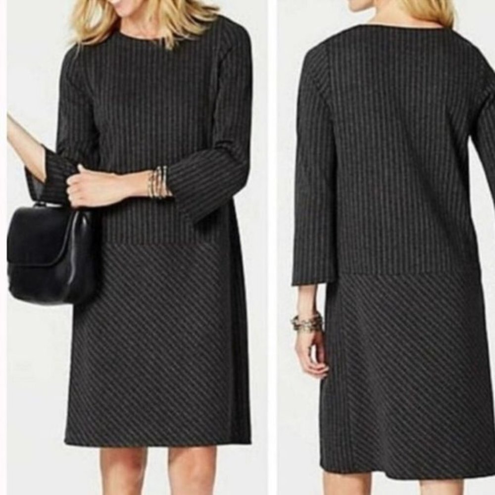 J Jill Charcoal Gray White Pinstripe Ponte Dress Small